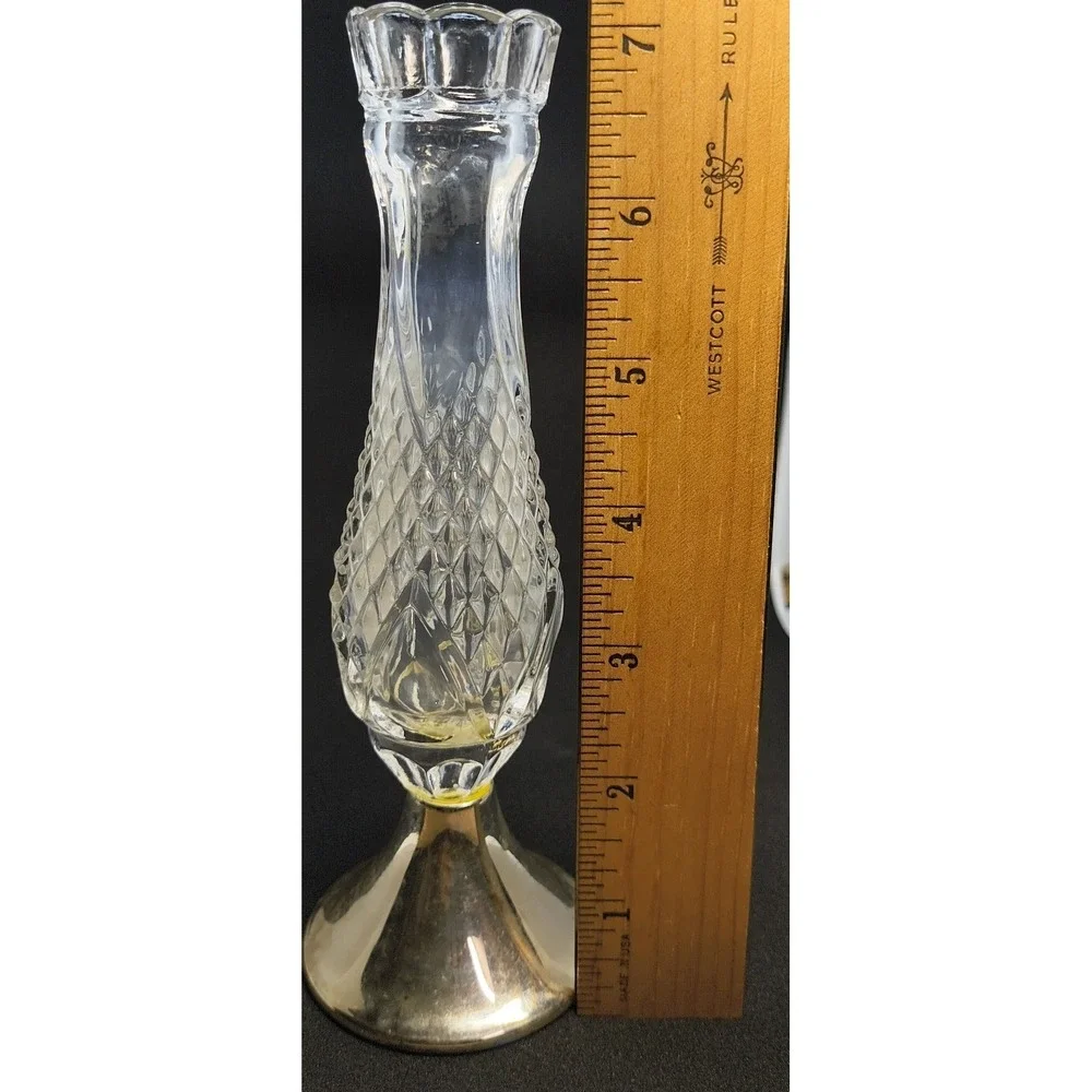 Vintage Oneida Crystal Diamond Point Cut Scalloped Bud Vase Silver Base Germany